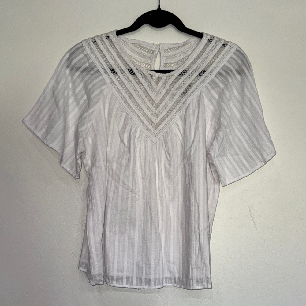 Skies Are Blue White Striped Blouse with Lace Detail NWT